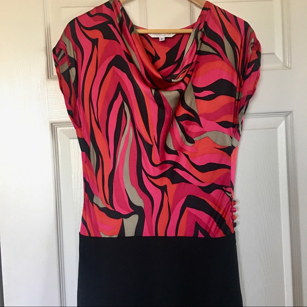 Trina Turk | Vintage Cowl Neck Colorful Silk Cocktail Party Dress - Red, Black - Picture 2 of 9